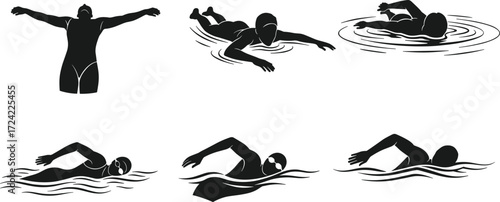 Swimming, silhouette, freestyle, breaststroke, backstroke, child, motion, water, sport, stroke, dive, splash, posture, technique, icon