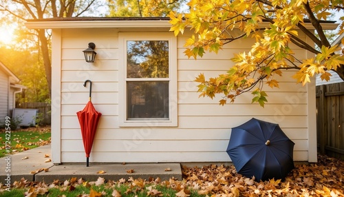 Red and blue umbrellas leaning against house in autumn backyard