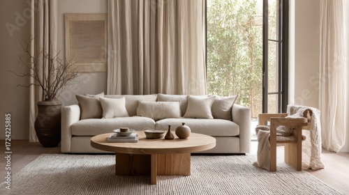 Wallpaper Mural japandi living room, low beige sofa, oak coffee table, linen curtains, textured rug, warm soft lighting Torontodigital.ca