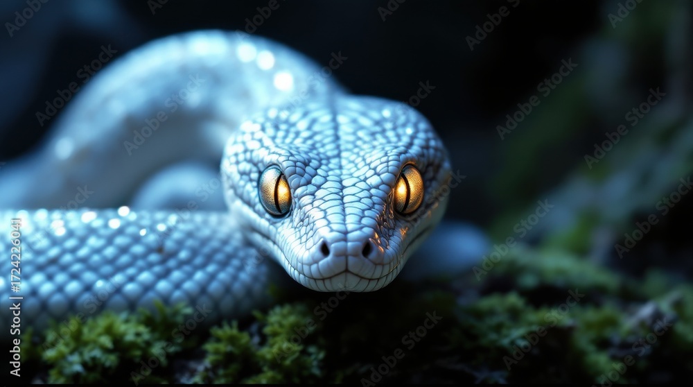 Fototapeta premium White snake resting on moss with striking amber eyes in a dark, serene setting