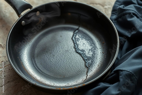 PFAS in household items, non-stick pans and textiles. Old scratched frying pan close-up. Concept of household use of harmful PFAS substances