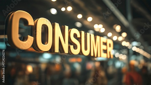 Wallpaper Mural Golden text CONSUMER sign appearing in a vibrant retail environment, reflecting the importance of customers and market trends in the global economy Torontodigital.ca