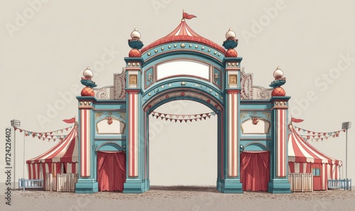 Whimsical Circus Entrance Illustration with Tents and Bunting.