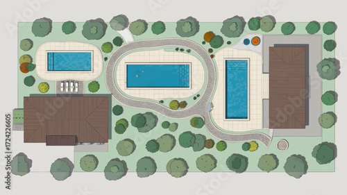 Aerial view of a modern backyard landscape design featuring a swimming pool and seating area in silhouette