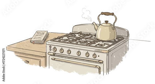 Cozy kitchen scene with rustic stove and teapot in soft watercolor style