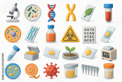 Scientific Research Icons Microscope, DNA, Cells, and Lab Equipment