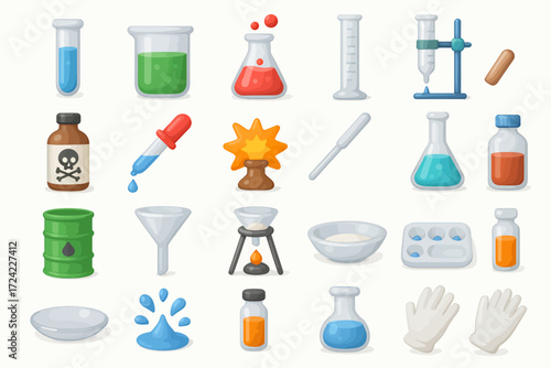 A comprehensive set of cartoon chemistry laboratory equipment and scientific experiment icons, perfect for illustrating chemical research and science education concepts