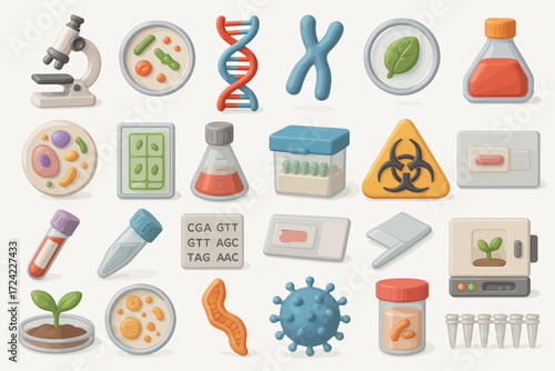 Scientific research and biotechnology icon collection featuring DNA, cells, laboratory tools, and analysis equipment
