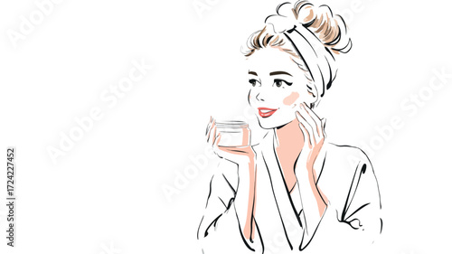 Elegant Woman Applying Nourishing Facial Cream Vector Illustration