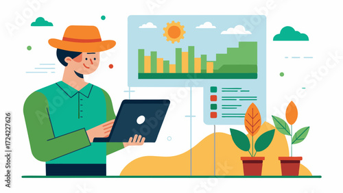 A farmer analyzing and interpreting data from the previous years harvest stored on the smart farm management software to make informed decisions for the upcoming season.. Vector illustration