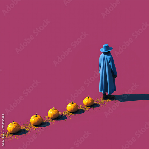 Minimalistic illustration of a man in a blue coat and hat with pumpkins on a pink background - surreal Halloween art

