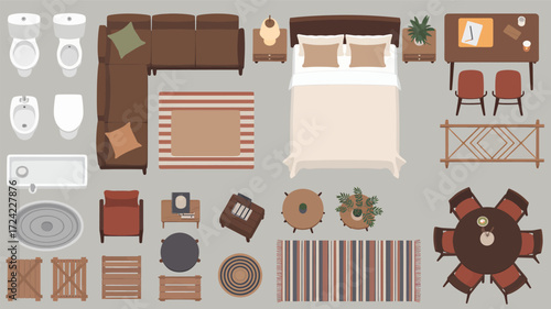 Top down view of various furniture and home decor items arranged in a flat lay style silhouette