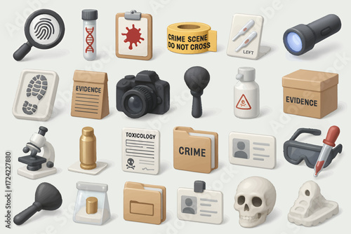 A detailed 3D rendered collection of forensic science investigation tools and crime scene evidence, perfect for police, justice, and detective-themed projects and digital content