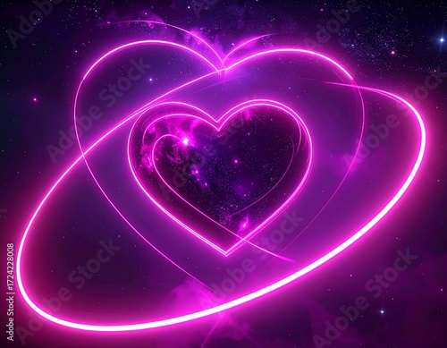 A vibrant pink heart in space, outlined with neon glow
