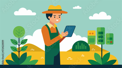 A picture of a farmer using a smart crop scouting app to identify nutrient deficiencies and make datadriven decisions for nutrient management.. Vector illustration