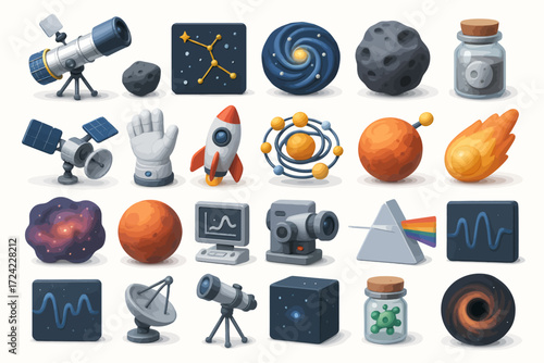 Vibrant icon set for outer space exploration, astronomical objects, and scientific discovery. Includes planets, telescopes, rockets, and cosmic phenomena