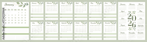 2026 calendar monthly template pages set. Week starts on Sunday. Month english planner watercolor foliage design for the year.