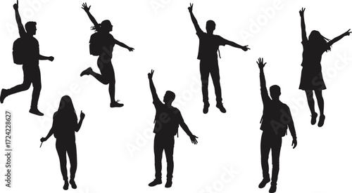 Celebrating people silhouettes jumping, raising arms, joyful motion, students with backpacks, black vector on white background