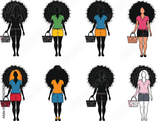Diverse stylish women holding handbags, fashion illustration, trendy outfits, curly hair, shopping, modern look, beauty
