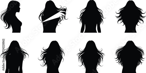 Female hairstyle silhouette set, long hair styles, haircut icon, beauty fashion, rear view, vector design