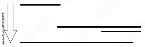 Large downward arrow points amid horizontal lines of various lengths, connecting ideas and flow. Ideal for workflow, arrangement, emphasis, sequencing, hierarchy, navigation, simple flat metaphor