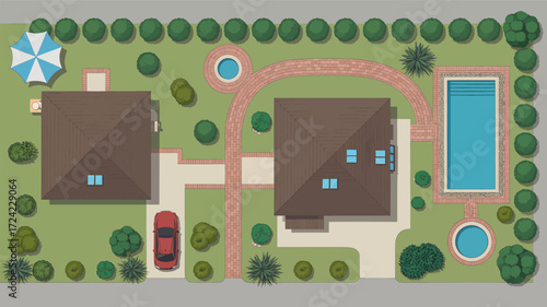 Aerial view of a luxurious estate with two houses swimming pool hot tub and a red car in the driveway silhouette