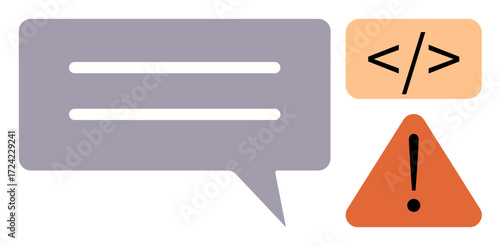 Speech bubble with horizontal lines, warning triangle with exclamation mark, and coding tag represent concepts thumbs up communication, caution, alerts, programming, digital tools, error reporting