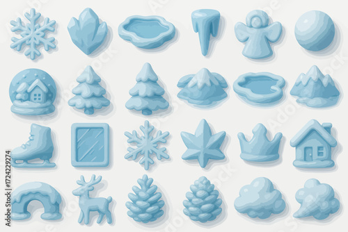 Collection of charming 3D ice sculptures, snow-themed elements, and wintery symbols, perfect for seasonal designs