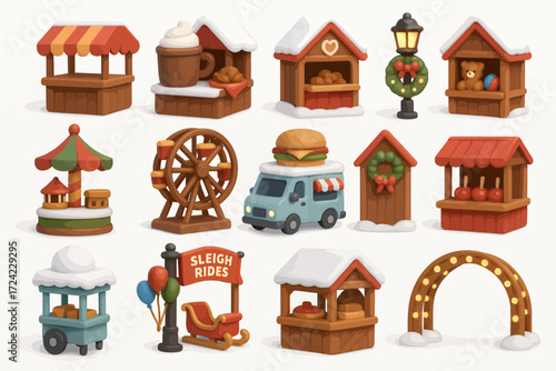 Whimsical Winter Market Collection Adorable Cartoon Stalls, Festive Amusements, and Decorations for Holiday Design Projects
