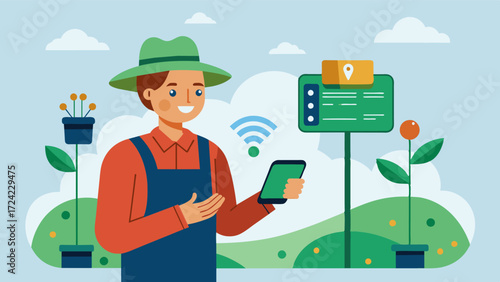 A farmer using a smartphone app to monitor and control the nutrient delivery system providing convenience and flexibility in managing their crops.. Vector illustration