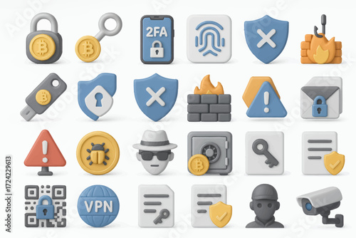 Comprehensive 3D icon set illustrating concepts of cybersecurity, internet safety, data protection, and online privacy