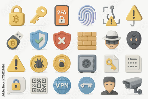 Cybersecurity and Data Protection 24 Flat 3D Icons Set