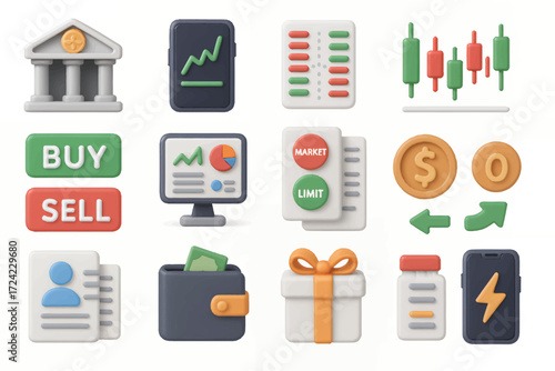 Financial Icons A Set of 3D Illustrations Representing Finance and Investment Concepts