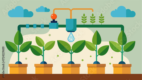 A drip irrigation system delivering precisely measured water and nutrients to each plant reducing waste and ensuring proper growth.. Vector illustration