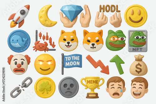 Colorful 3D Emoji Set Cryptocurrency, Finances, and Popular Internet Memes