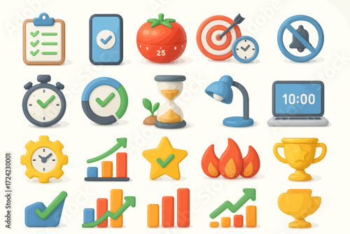 Productivity concept with a set of 3D icons for business success, time management, goal setting, and strategic workflow
