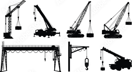 Crane silhouettes collection with tower cranes, mobile cranes, gantry cranes, crawler cranes, construction lifting equipment, and heavy industrial machinery vector set