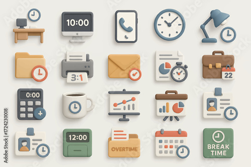 Set of volumetric business icons on a neutral background, illustrating concepts of office life and time management