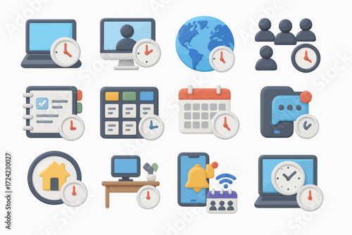 Set of colorful icons representing various business and personal organization concepts like time management and scheduling