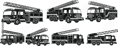 Fire truck silhouette, ladder truck vector, emergency vehicle illustration, firefighting clipart, rescue truck art, fire engine design, emergency response graphic