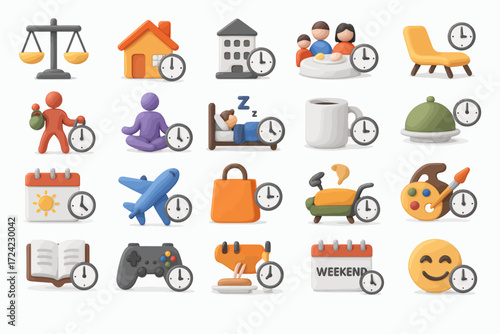 A collection of colorful 3D clay icons illustrating the concept of time management, daily routines, and scheduling for a balanced lifestyle