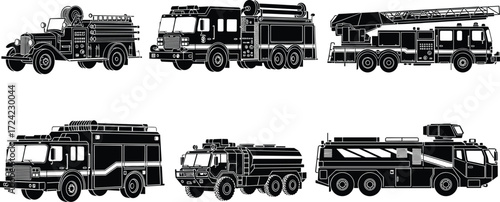 Fire truck silhouette, vintage fire engine, airport crash tender, ladder truck vector, rescue vehicle, firefighting truck, emergency vehicle illustration, safety transport