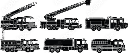 Fire truck silhouettes set, emergency vehicle illustration, firefighter truck vector design, rescue vehicle graphic, fire engine silhouette, emergency response equipment