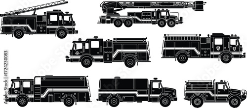 Fire truck silhouettes, emergency vehicle vector set, firefighting truck illustration, rescue vehicle graphic, fire engine design, emergency response machinery silhouette