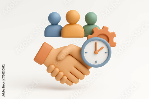 3D rendering of a business partnership concept with a handshake, team icons, a clock for time management, and a gear for workflow process