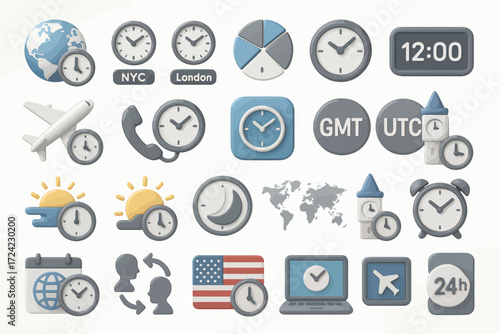 World time clocks and international travel icon set, representing different time zones and global concepts
