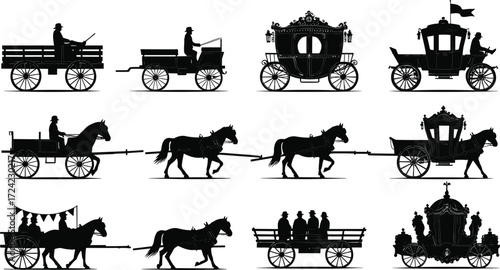 Horse carriage silhouette, vintage wagon vector, royal coach clipart, retro transport illustration, wedding carriage design, historical cart art, classic horse-drawn vehicle