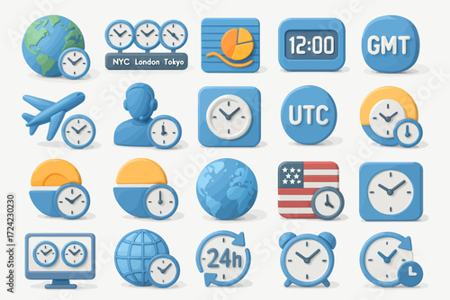 Modern 3D icon set featuring world clocks, global time zones, scheduling, and travel time concepts. Clean and glossy design perfect for user interface elements