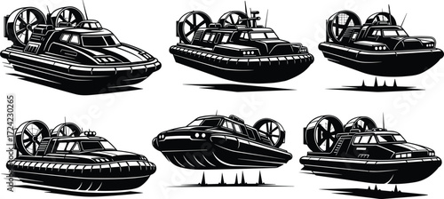 Hovercraft vector silhouettes, air cushion vehicles for transport, military and rescue hover ships, amphibious boats for water and land