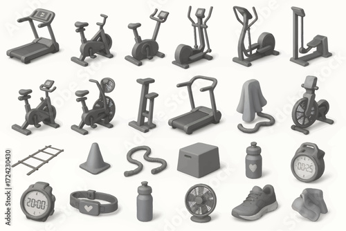 Isometric Gym Equipment and Accessories Icon Set Fitness and Workout Graphics